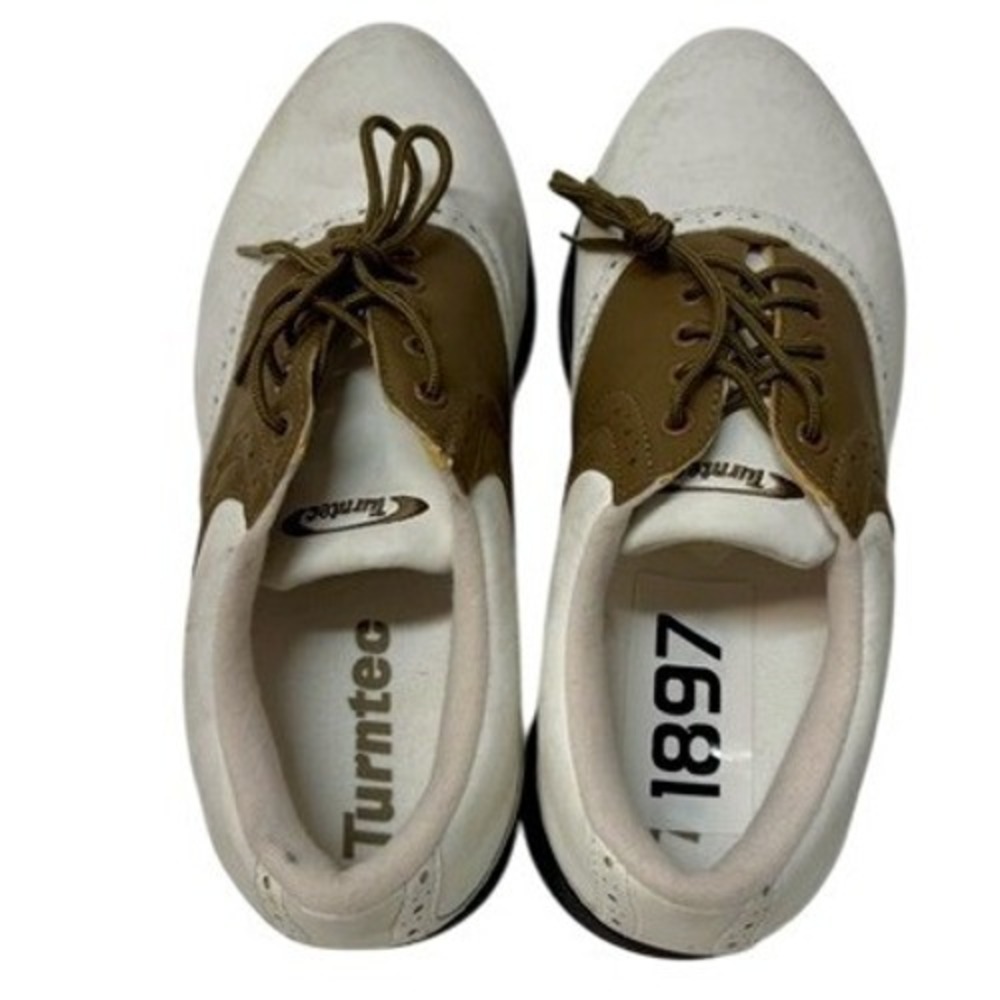 Turntec Mens Golf Shoes White Brown Saddle Wingtip Spikes Size US‎ 10